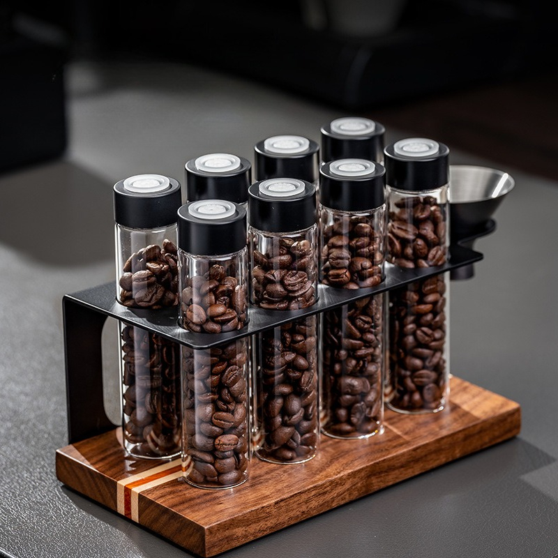 Commercial Kitchen Shed - JUSTINLAU Glas-Kaffeebohnen-Aufbewahrungsgläser Luftdicht mit 1-Wege-Ventil Holz-Präsentationsregal